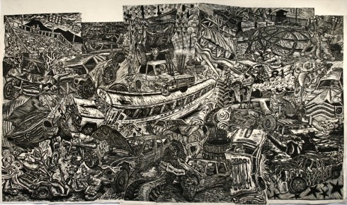 "DEMOLITION" woodcut on paper by Houston, Mazorra, and McNett of Cannonball Press, image courtesy of cannonballpress.com